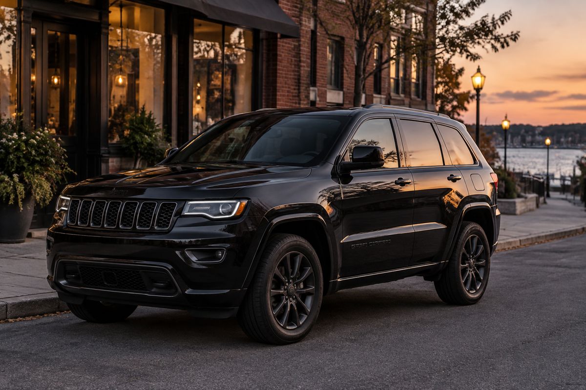 Jeep with freshly tinted windows parked near downtown Framingham storefronts