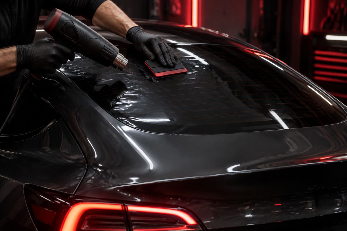 Close-up of ceramic tint installation on a Tesla rear windshield
