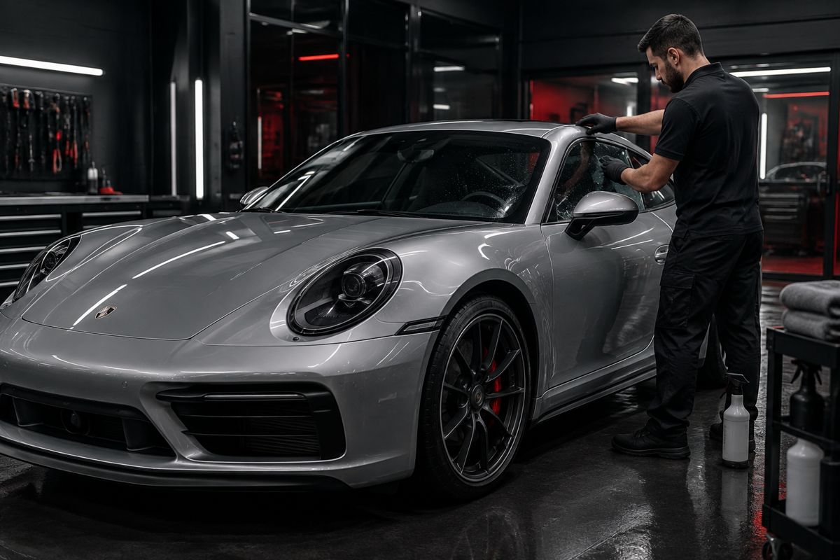 Technician applying ceramic tint film to a Porsche in a shop