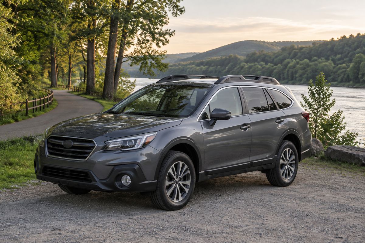 Subaru Outback with tinted windows parked near a rail trail in Hudson