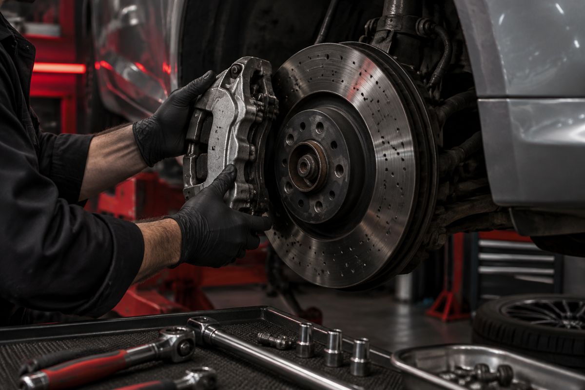 Technician performing Audi brake repair near Framingham