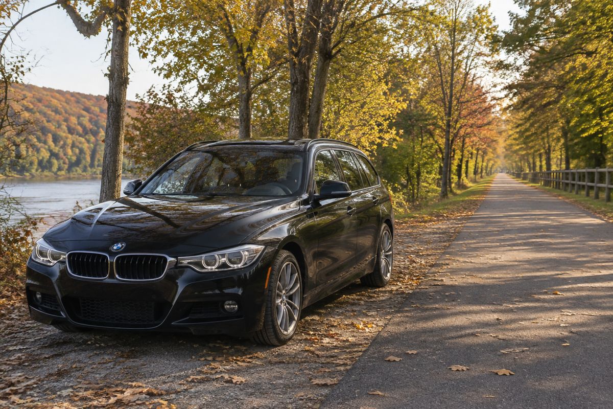 BMW wagon parked near a rail trail path in Hudson