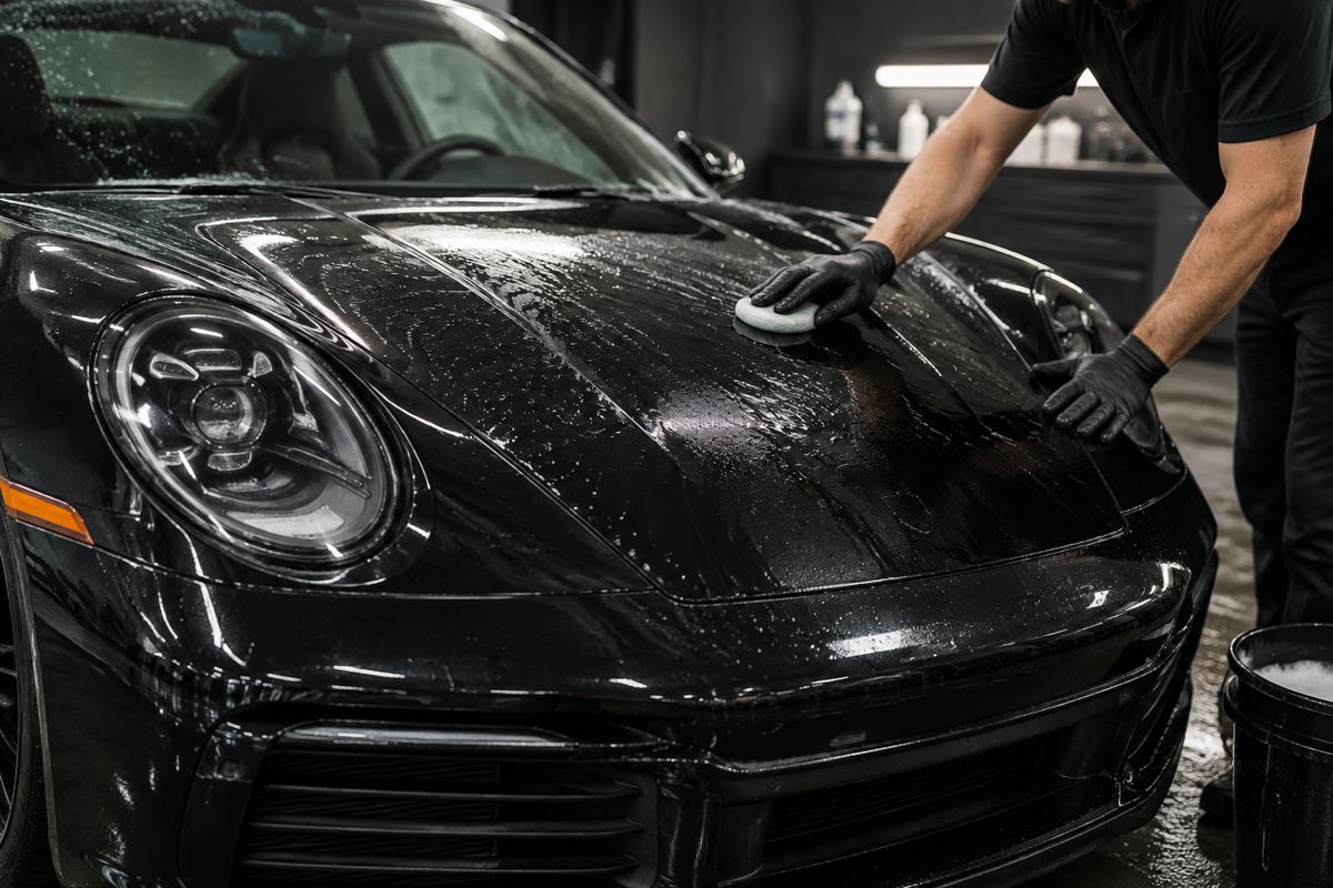 Paint decontamination on a black Porsche before detailing