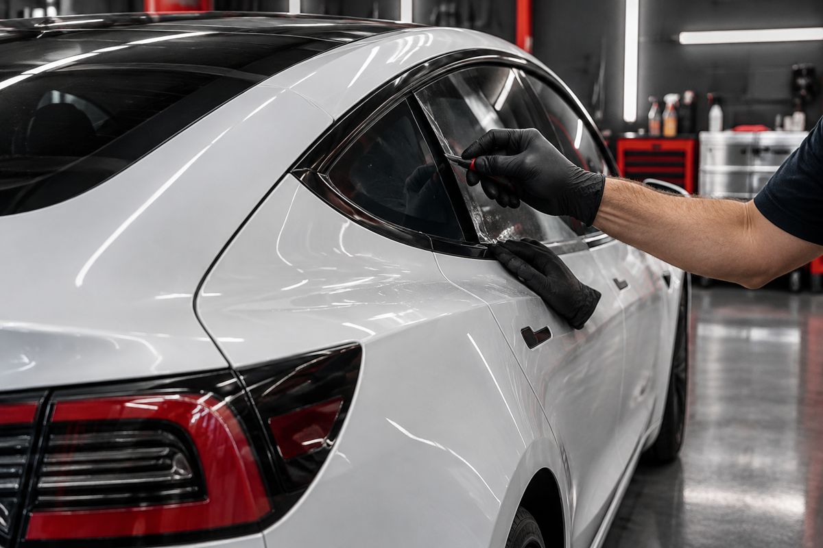 Close up of window film trim work on a Tesla sedan