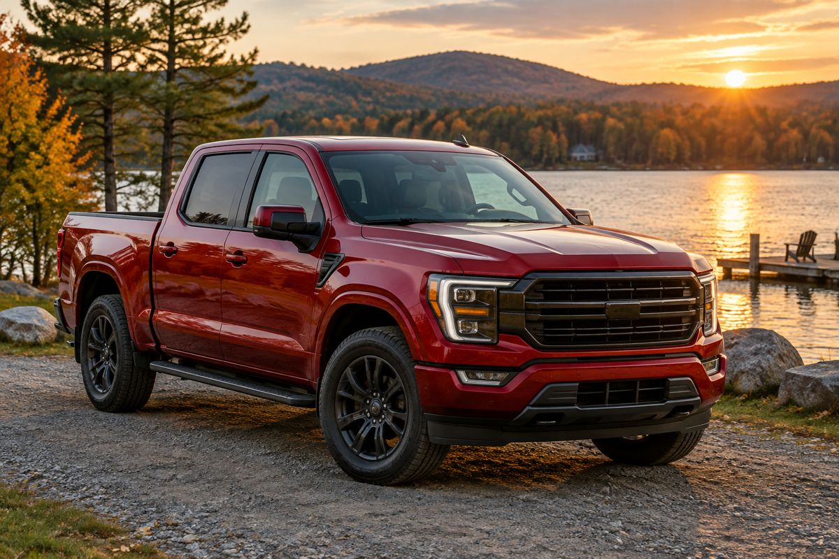 Glossy ceramic coated pickup truck parked near a Massachusetts lake