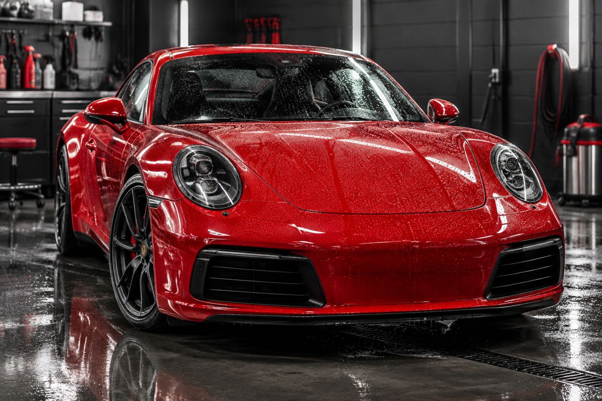 Porsche with beaded water finish inside Marlborough detailing bay