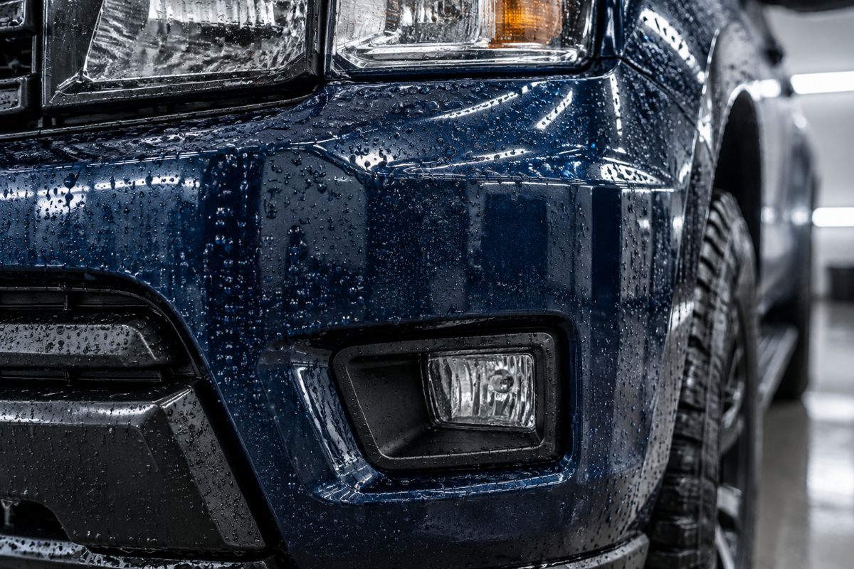 Close up of paint protection film on a pickup truck front bumper