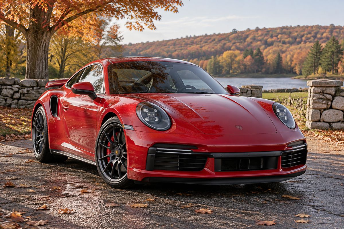 Porsche sports car with paint protection film parked near a Massachusetts park