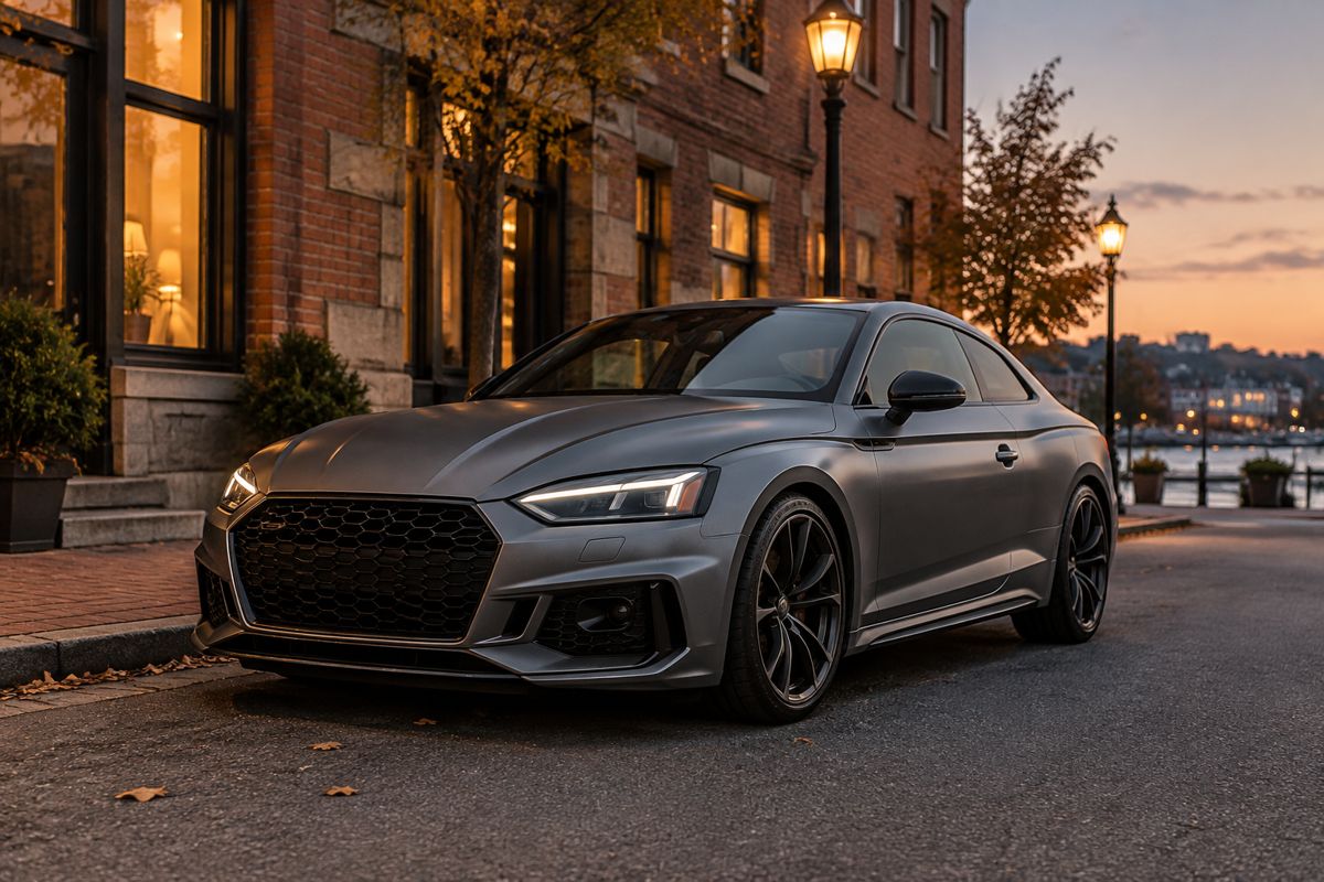 Satin wrapped Audi coupe parked near a Massachusetts downtown